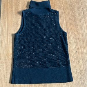 Valerie Stevens Black Beaded Open Knit Sleeveless Top, Merino Wool, beaded, Sz M
